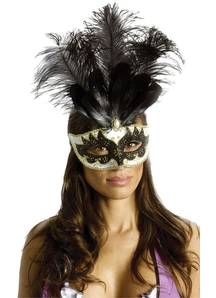 Carnival Mask Big Feathr Bk/Gd For Masquerade