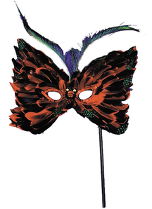 Feather Mask W Stick Assort For Adults