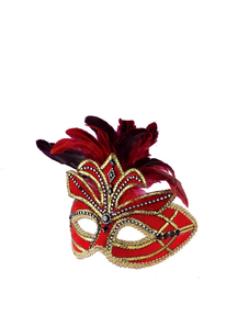 Ven Mask Red W Feathers For Masquerade
