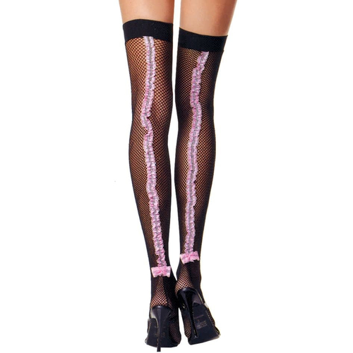 Thigh Hi Fishnets Pink Ruffle